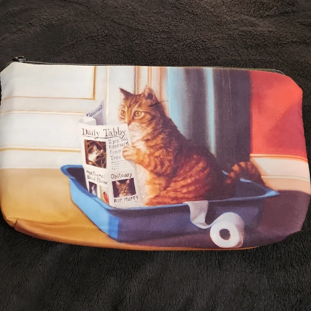 NEW- Cosmetic Bag, Storage Bag - Cat reading the newspaper
